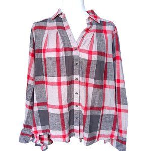 Free People Peppy Red Stone Plaid High Low ruffle hem Flannel sz XS